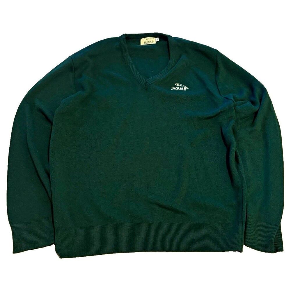 Vtg 80s Jaguar Car Promo V-Neck Knit Sweater USA Made Forest Green Men's L